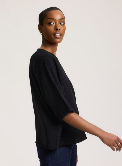 Tee shirt Black Round Neck Elbow Sleeves - MAJESTIC FILATURES