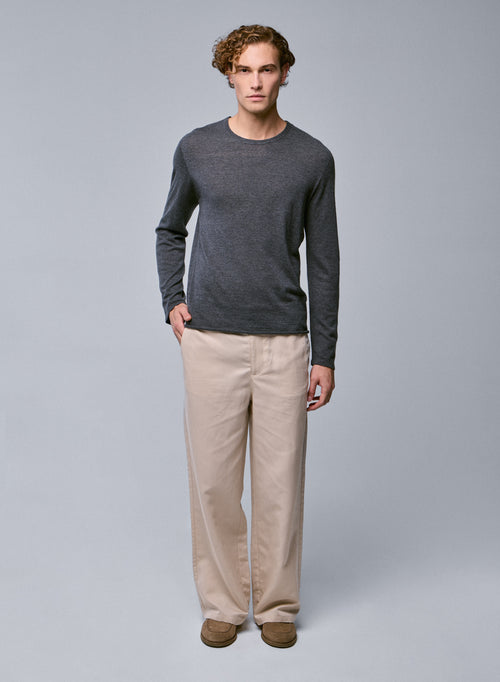 Grey Round Neck Long Sleeve Cashmere T-Shirt - MAJESTIC FILATURES