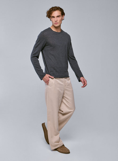 Grey Round Neck Long Sleeve Cashmere T-Shirt - MAJESTIC FILATURES