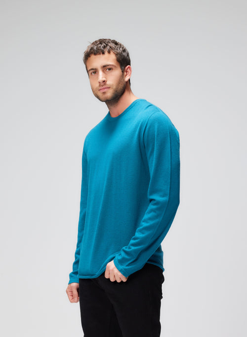 Blue Round Neck Long Sleeve Cashmere T-Shirt - MAJESTIC FILATURES