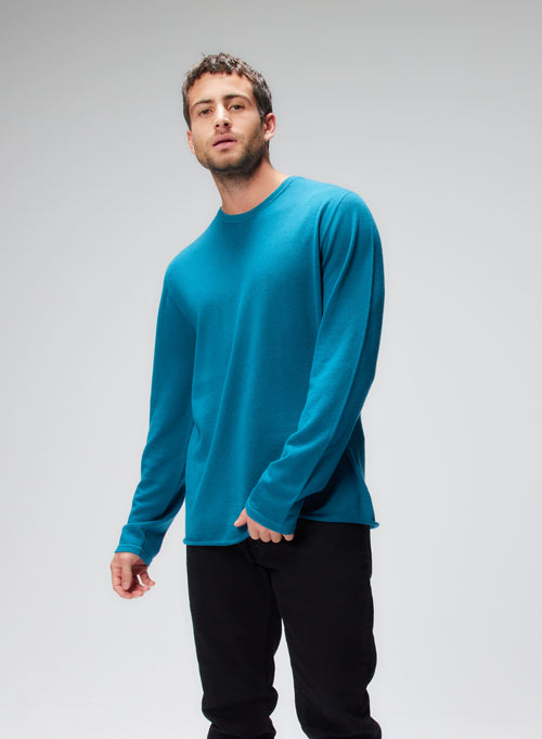 Blue Round Neck Long Sleeve Cashmere T-Shirt - MAJESTIC FILATURES
