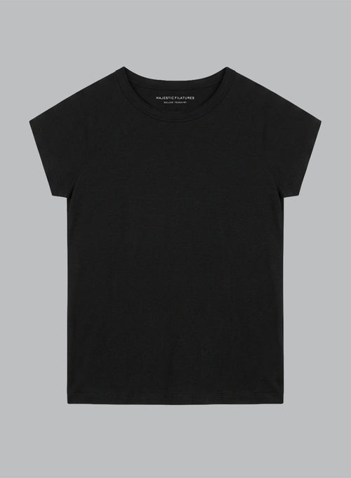 Rundhals T-Shirt mit kurzen Ärmeln aus Lyocel/Tencel/Bio-Baumwolle in Schwarz - MAJESTIC FILATURES