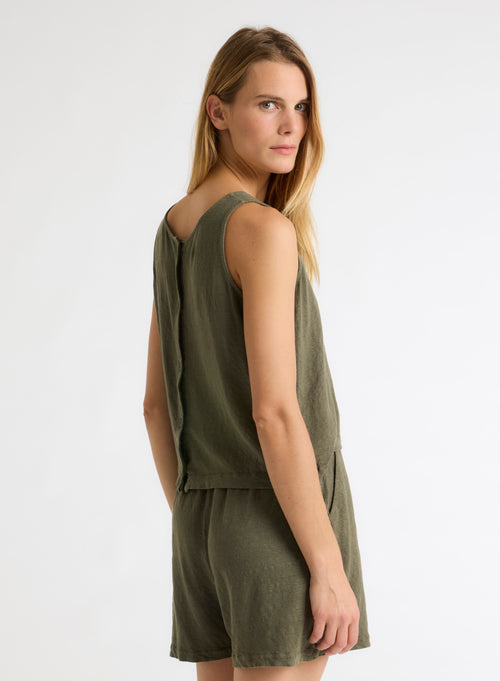 Camiseta de tirantes con cuello redondo de lino verde©/ elastano - MAJESTIC FILATURES