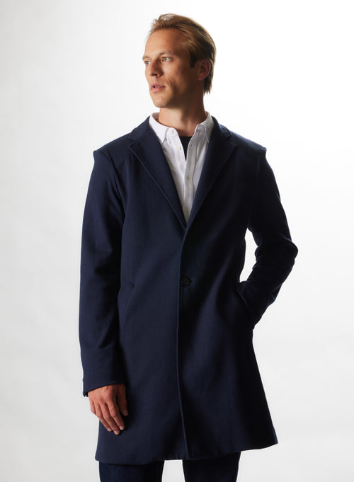 Manteau Marine Col Ouvert Manches Longues en Coton / Laine Merinos / Cachemire - MAJESTIC FILATURES