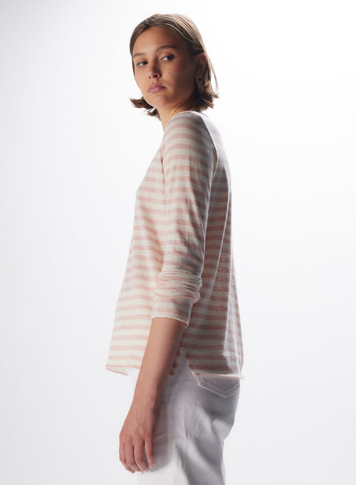 "Cotton / Cashmere Striped Long Sleeve Round Neck T-Shirt" - MAJESTIC FILATURES