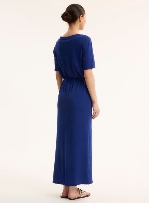 Robe Bleu Col V Manches Courtes - MAJESTIC FILATURES