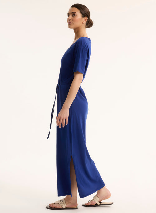 Robe Bleu Col V Manches Courtes - MAJESTIC FILATURES