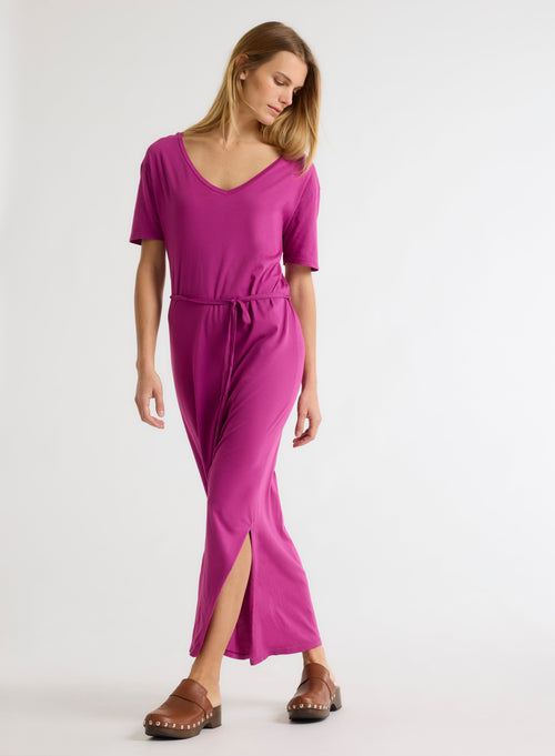 Robe Violet Col V Manches Courtes - MAJESTIC FILATURES