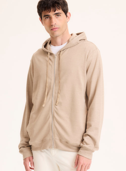 Beige Strickjacke mit langärmeligem Kapuzenkragen aus Leinen / Bio-Baumwolle - MAJESTIC FILATURES