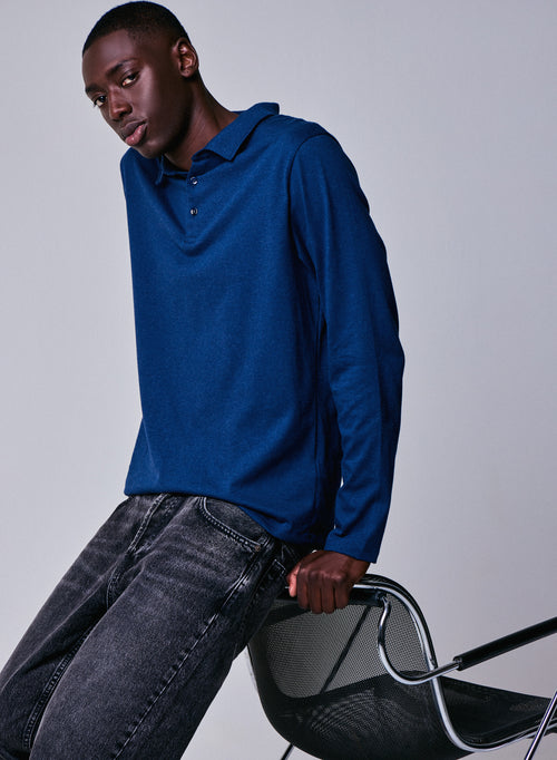 Blue Polo Shirt Long Sleeve Polo Shirt in Organic Cotton - MAJESTIC FILATURES