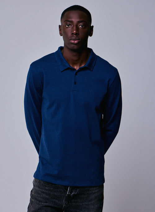 Blue Polo Shirt Long Sleeve Polo Shirt in Organic Cotton - MAJESTIC FILATURES