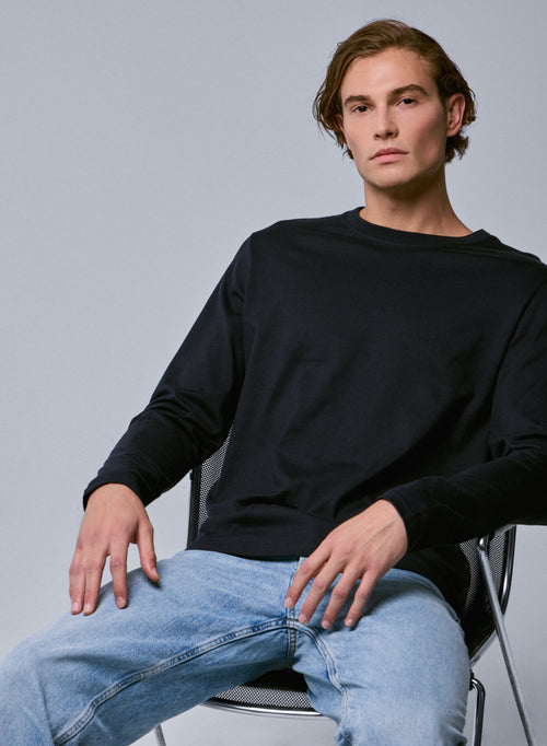 Navy T-shirt Round Neck Long Sleeve in Organic Cotton - MAJESTIC FILATURES