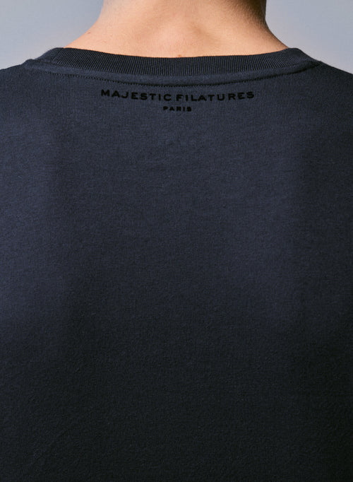 Navy T-shirt Round Neck Long Sleeve in Organic Cotton - MAJESTIC FILATURES