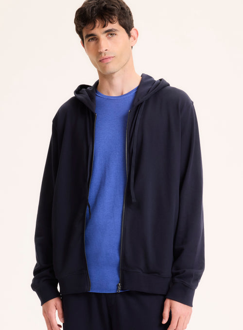 Marineblaue Strickjacke mit Kapuzenkragen und langen Ärmeln aus Bio-Baumwolle - MAJESTIC FILATURES
