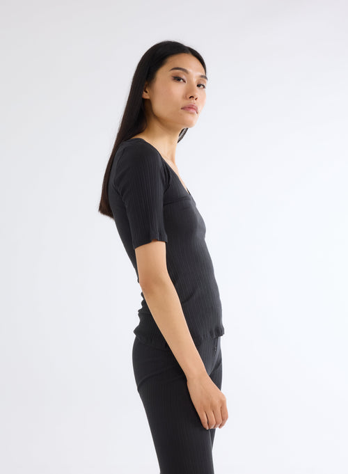 T-shirt Noir Col U Manches Courtes en Coton organique et Modal - MAJESTIC FILATURES