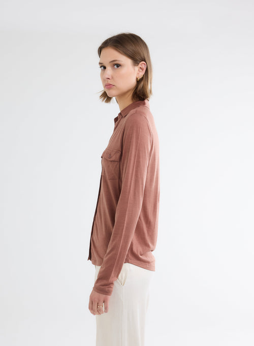 Brown Long Sleeve Lyocell and Wool Shirt - MAJESTIC FILATURES