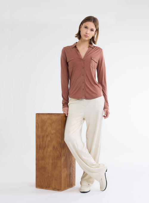 Brown Long Sleeve Lyocell and Wool Shirt - MAJESTIC FILATURES