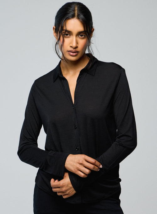 Black Shirt Long Sleeve Shirt in Lyocel / Virgin Wool - MAJESTIC FILATURES