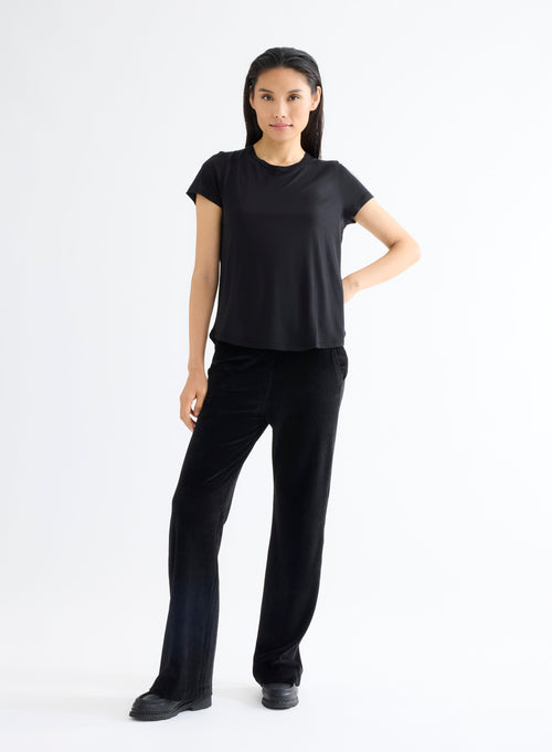 Black Round Neck Short Sleeve T-shirt in Lyocell and Wool - MAJESTIC FILATURES