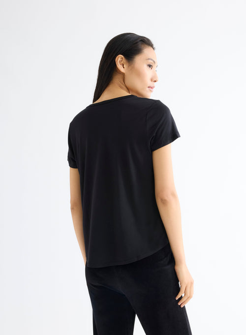 Black Round Neck Short Sleeve T-shirt in Lyocell and Wool - MAJESTIC FILATURES