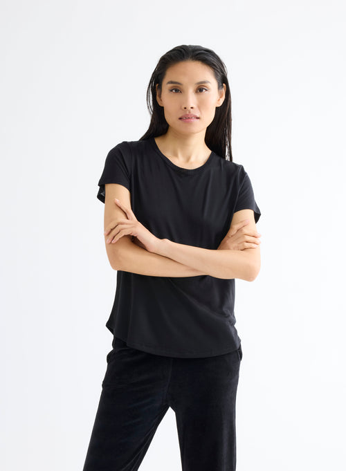 Black Round Neck Short Sleeve T-shirt in Lyocell and Wool - MAJESTIC FILATURES