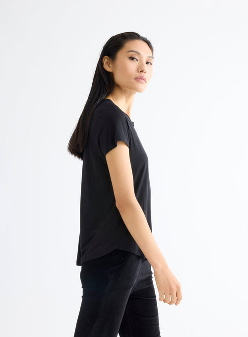 Black Round Neck Short Sleeve T-shirt in Lyocell and Wool - MAJESTIC FILATURES