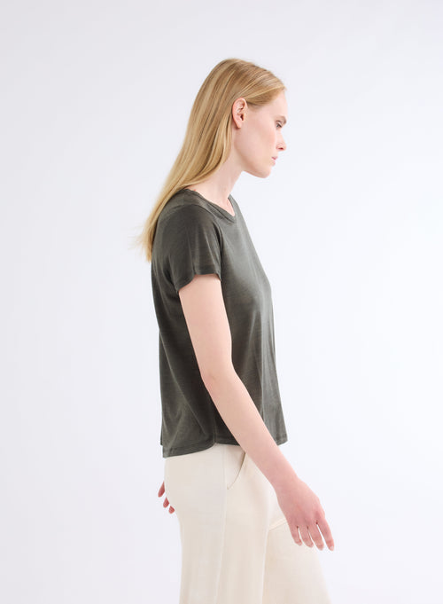 Green Round Neck Short Sleeve T-shirt in Lyocell and Wool - MAJESTIC FILATURES