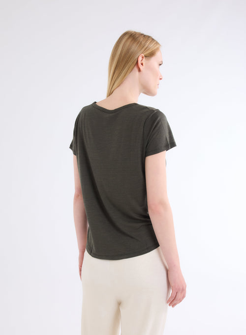 Green Round Neck Short Sleeve T-shirt in Lyocell and Wool - MAJESTIC FILATURES