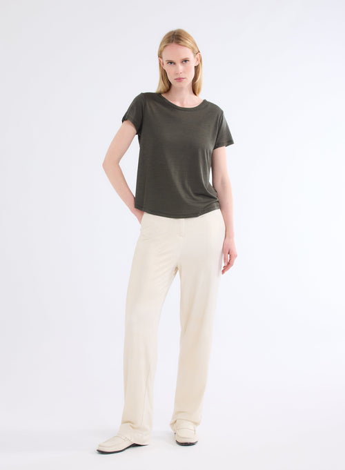 Green Round Neck Short Sleeve T-shirt in Lyocell and Wool - MAJESTIC FILATURES