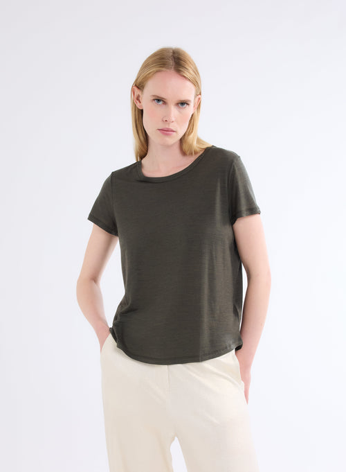 Green Round Neck Short Sleeve T-shirt in Lyocell and Wool - MAJESTIC FILATURES