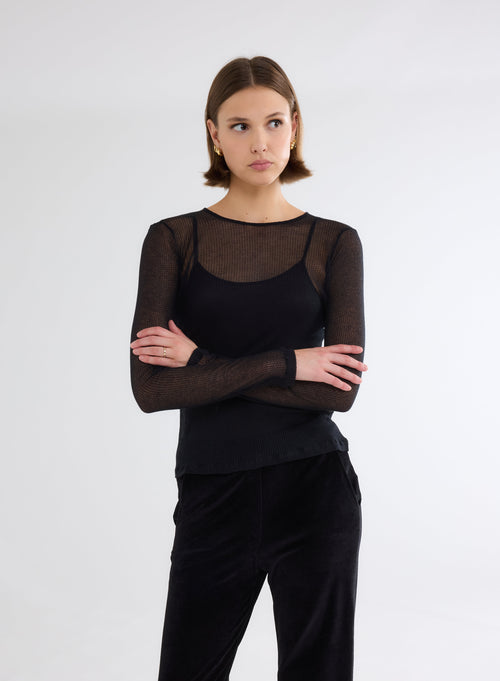 Black Round Neck Long Sleeve T-shirt in Micro Modal and Cashmere - MAJESTIC FILATURES