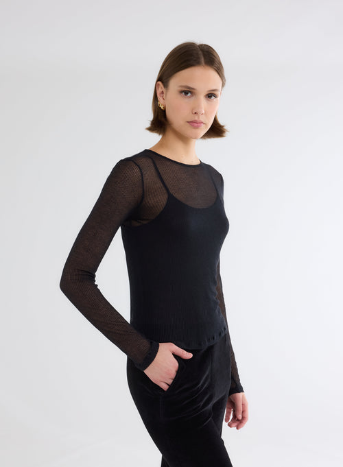 Black Round Neck Long Sleeve T-shirt in Micro Modal and Cashmere - MAJESTIC FILATURES