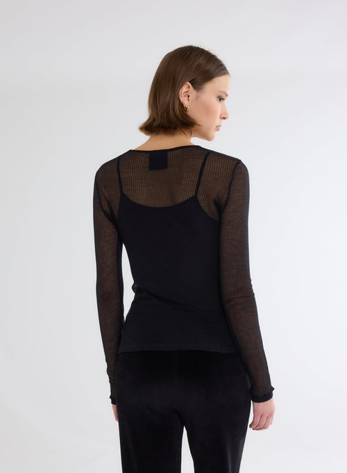 Black Round Neck Long Sleeve T-shirt in Micro Modal and Cashmere - MAJESTIC FILATURES