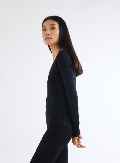 Black V-Neck Long Sleeve T-Shirt in Micro Modal and Cashmere - MAJESTIC FILATURES