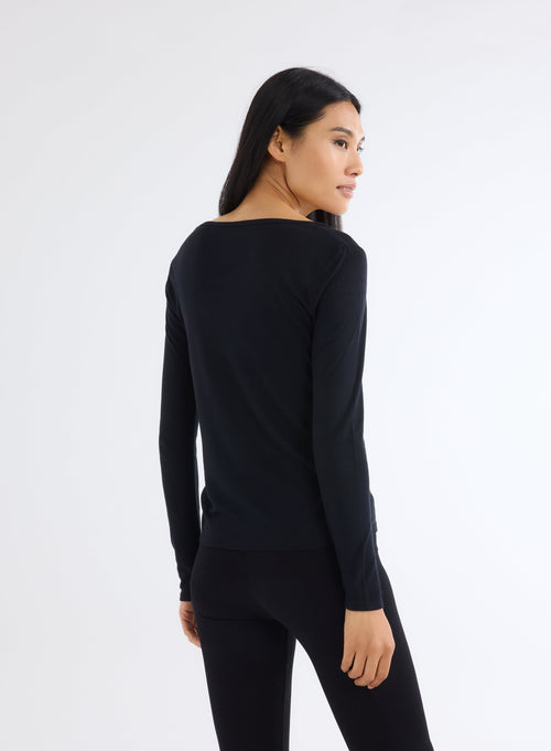 Black V-Neck Long Sleeve T-Shirt in Micro Modal and Cashmere - MAJESTIC FILATURES