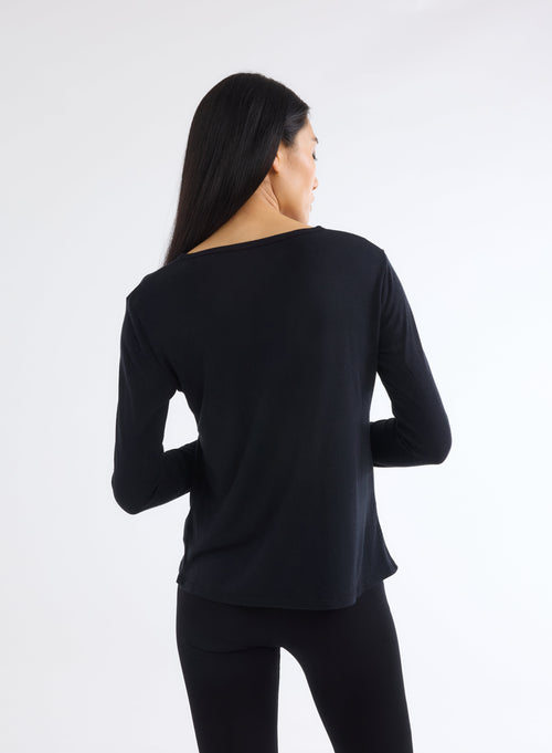 Black Boat Neck Long Sleeve T-shirt in Micro Modal and Cashmere - MAJESTIC FILATURES