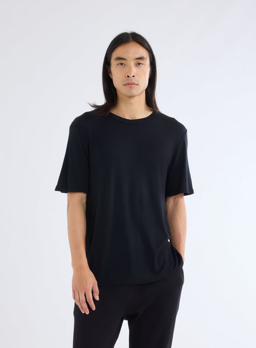 T-shirt Noir Col rond manches courtes en Micro modal / Cachemire - MAJESTIC FILATURES