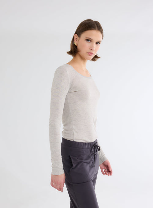 Grey / Beige U-Neck Long Sleeve Viscose T-Shirt - MAJESTIC FILATURES