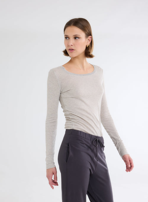 Grey / Beige U-Neck Long Sleeve Viscose T-Shirt - MAJESTIC FILATURES