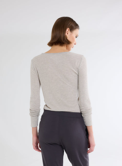 Grey / Beige U-Neck Long Sleeve Viscose T-Shirt - MAJESTIC FILATURES