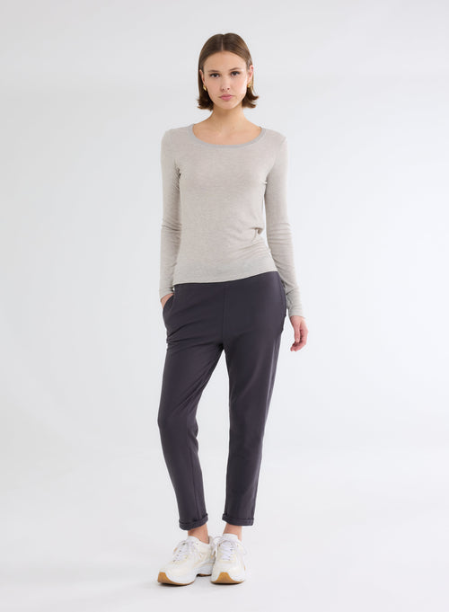 Grey / Beige U-Neck Long Sleeve Viscose T-Shirt - MAJESTIC FILATURES