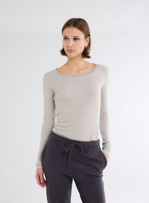 Grey / Beige U-Neck Long Sleeve Viscose T-Shirt - MAJESTIC FILATURES