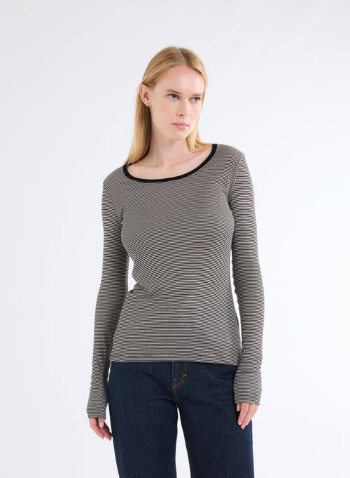 Beige / Black U-Neck Long Sleeve Viscose T-Shirt - MAJESTIC FILATURES