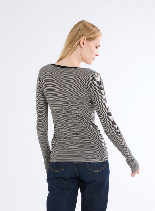 Beige / Black U-Neck Long Sleeve Viscose T-Shirt - MAJESTIC FILATURES