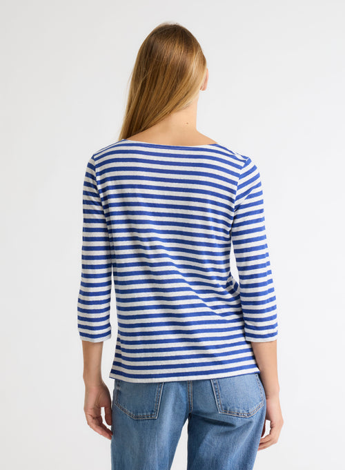 Blue Three-quarter sleeve boat-neck tee shirt in linen / Elastane - MAJESTIC FILATURES