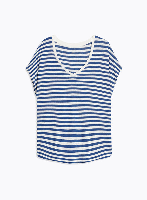 T-shirt rayé Bleu et Blanc Col V Manches Courtes en Lin / Elasthanne - MAJESTIC FILATURES