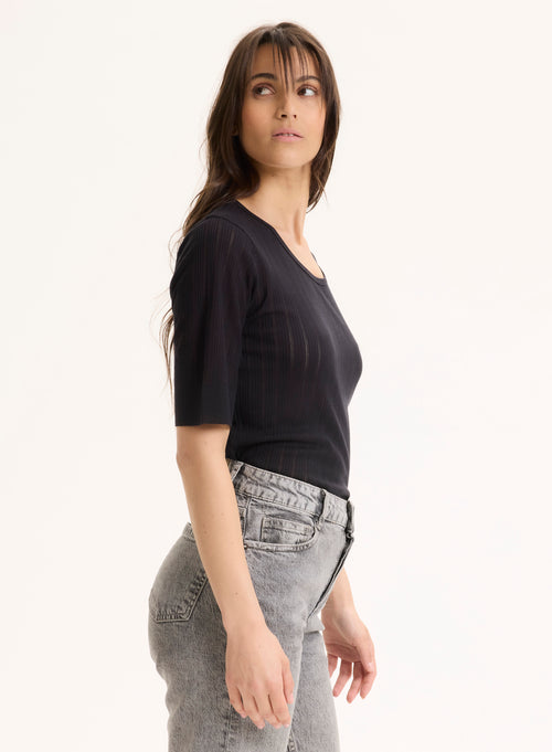 Camiseta azul marino Lyocell / Tencel manga corta cuello redondo - MAJESTIC FILATURES