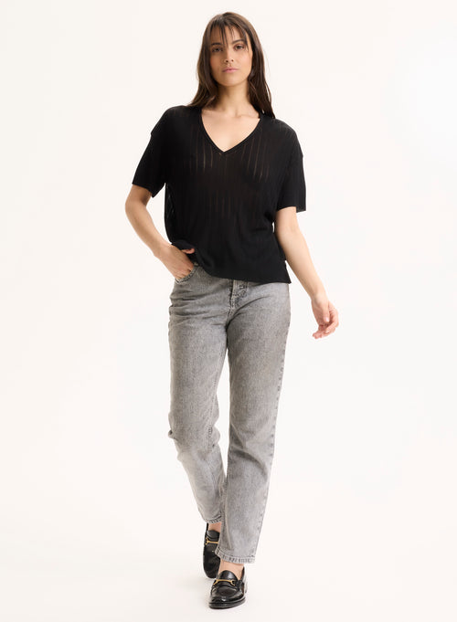 Schwarzes Kurzarm-T-Shirt mit V-Ausschnitt aus LYOCELL / TENCEL - MAJESTIC FILATURES
