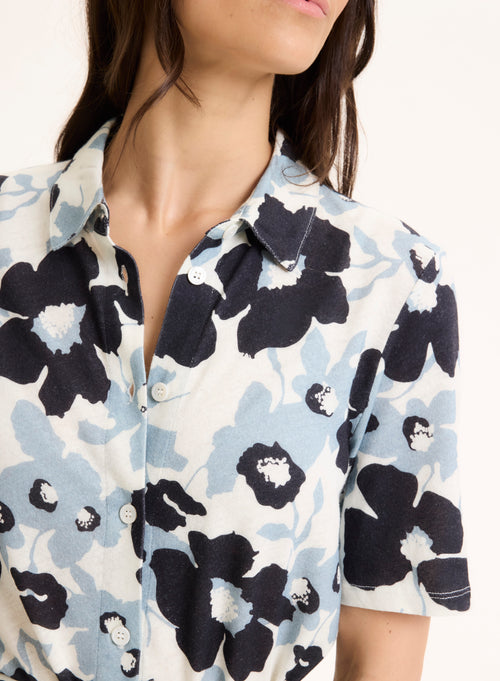 Blaues Hemd Kurzarmkleid aus Bio-Baumwolle / Leinen - MAJESTIC FILATURES