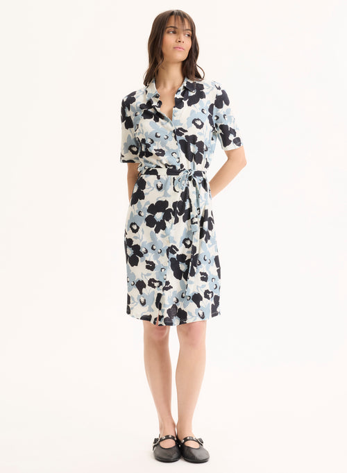 Blaues Hemd Kurzarmkleid aus Bio-Baumwolle / Leinen - MAJESTIC FILATURES